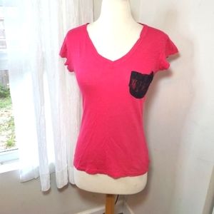 💜 Joe Boxer Top Casual Short Sleeve Shirt Black Lace Pocket Pink Tee Small